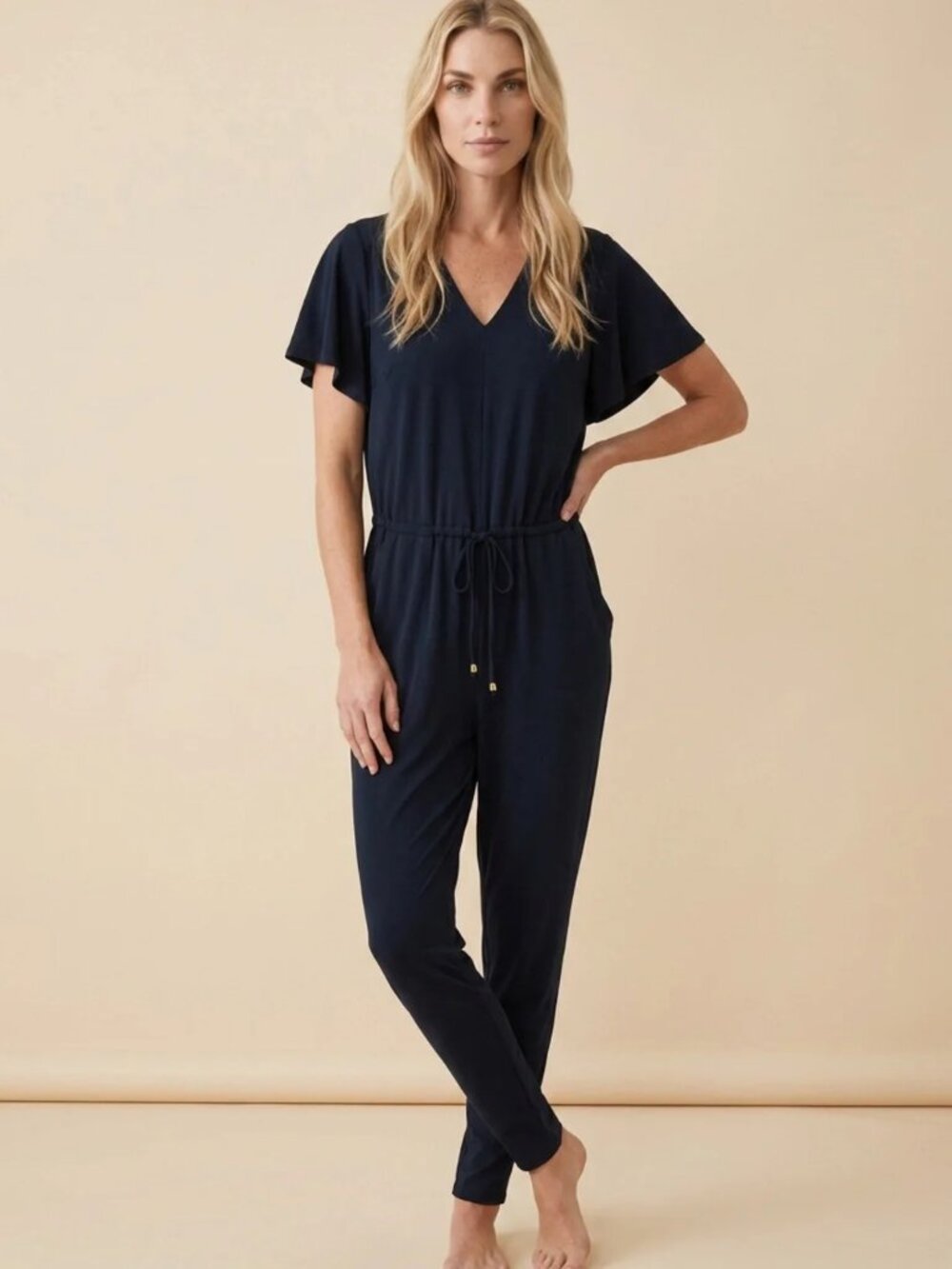 Michael Kors Navy V-Neck Drawstring Jumpsuit with Flutter Sleeves Size XXS